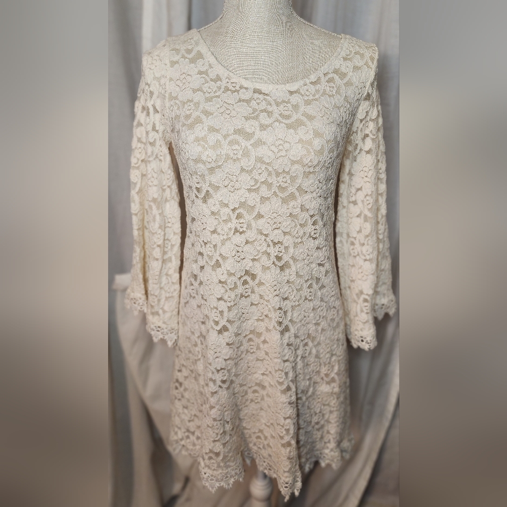 Audrey Brand Lace Boho Dress With Bell Sleeves Ivory Size Small